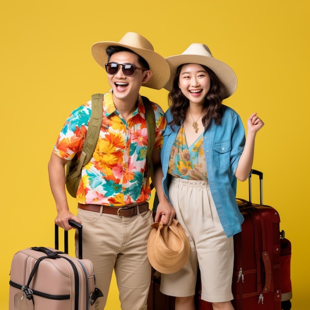 Cheerful Asian couple tourists wearing summer clothes for traveling on plain background