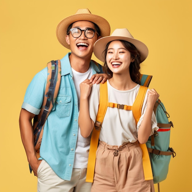 Cheerful Asian couple tourists wearing summer clothes for traveling on plain background