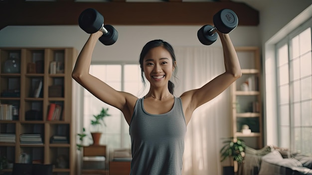 A cheerful Asian girl lifts dumbbells in her minimalist living room her slim body showcasing her dedication to an active and healthy lifestyle