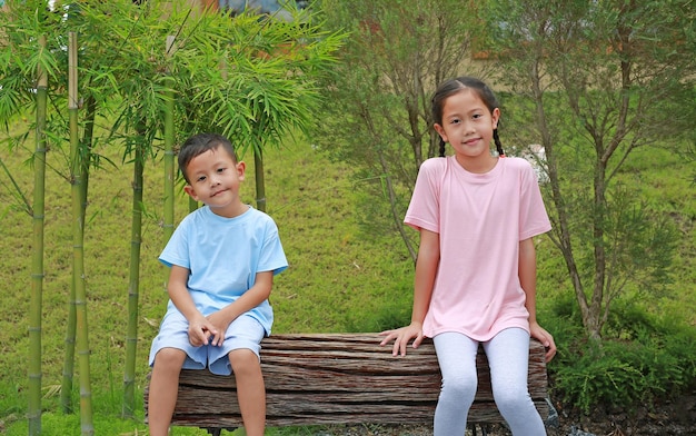 Cheerful Asian little boy and young girl kid looking at camera sit at a distance on wooden chair in the garden