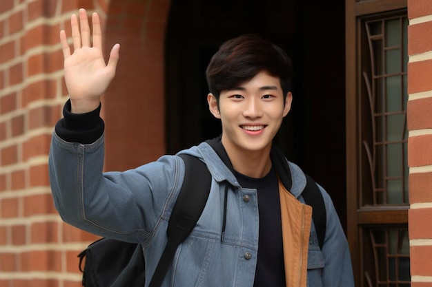 A cheerful asian male college student stands against the brick wall of a building waving his hand