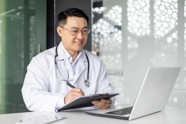 Cheerful asian male doctor in a white coat works on his laptop and writes notes in a modern clinic