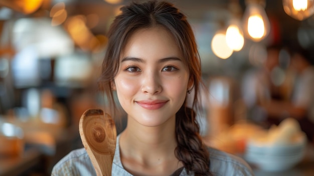 A cheerful Asian woman stands at the table in the kitchen holding a wooden spoon in her hands