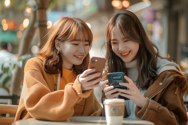 Cheerful Asian young women sitting in cafe drinking coffee with friends and talking together