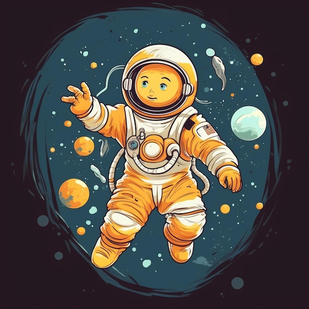 A cheerful astronaut floating in space surrounded by colorful planets and stars