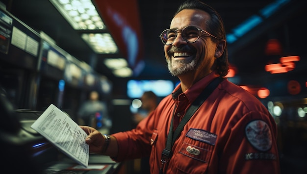 Cheerful attendant wearing 2024shaped sunglasses while serving at a gas station at night cinematic