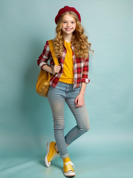 a cheerful attractive teenage girl in casual fashion clothes