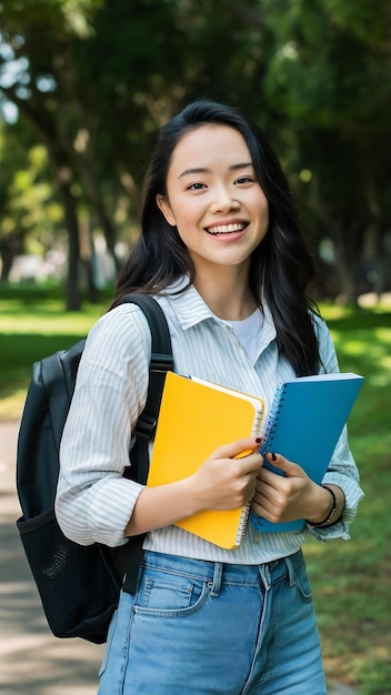 Cheerful attractive young woman with backpack and notebooks standing and smiling in park