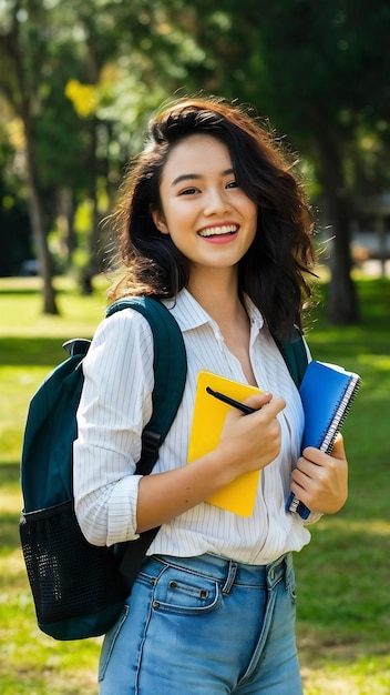 Cheerful attractive young woman with backpack and notebooks standing and smiling in park