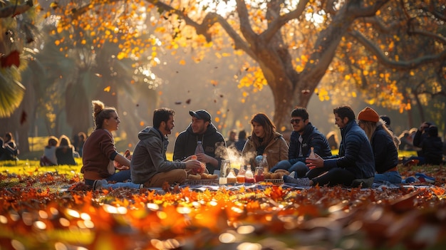 Cheerful Autumn Picnic in the Park Friends Enjoying a Sunny Day Surrounded by Colorful Foliage