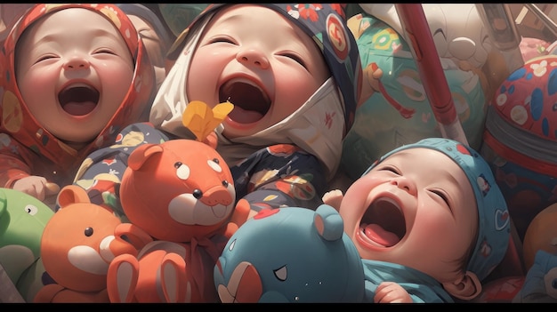 cheerful babies among toys have fun and shout