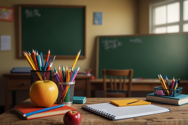 Cheerful Back to School Scene with Desk and Supplies on Background