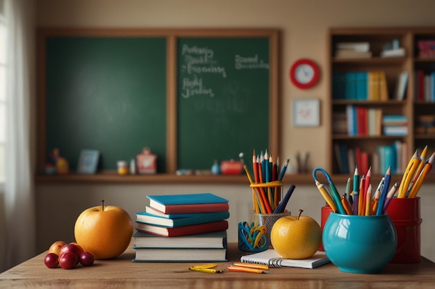 Cheerful Back to School Scene with Supplies and Classroom Decor on Background