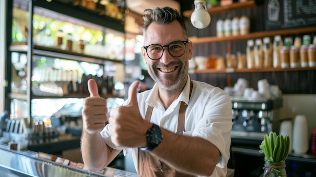 Photo a cheerful barista in an apron flashes dual thumbsup behind the counter of a trendy cafe filled with warm light and an inviting ambiance