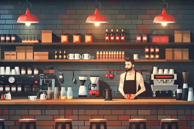 Cheerful Barista Illustration with Coffee Cups and a Thumbs Up in a Cafe