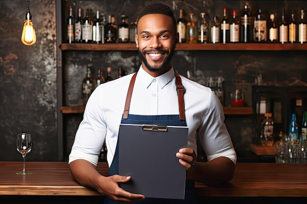 Cheerful bartender man in glasses has a snowwhite smile