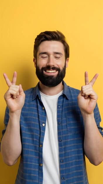 Photo cheerful bearded man keeps fingers crossed smiles broadly and closes eyes