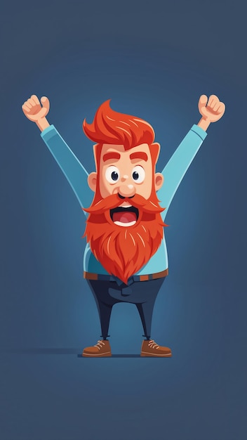 Photo cheerful bearded man with raised hands vector cartoon character illustration