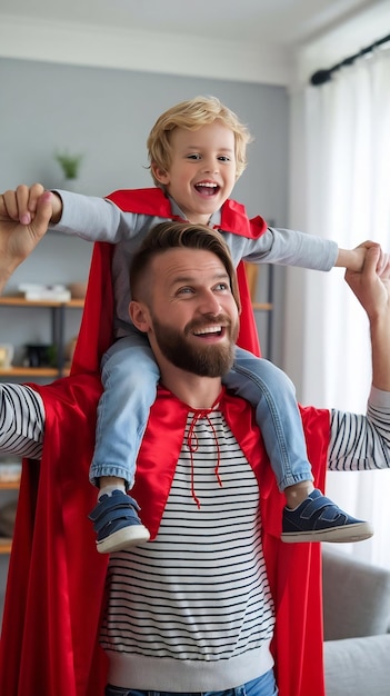 Photo cheerful bearded young father holding son on shoulders while having fun together dressed in red sup