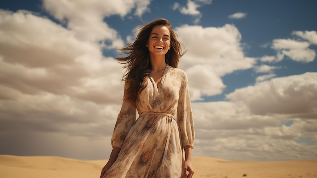 Cheerful beutigul brunette girl or young woman in summer dress in desert against blue sky and clouds