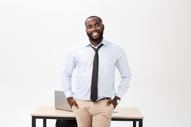 Cheerful big smile from happy executive office workplace