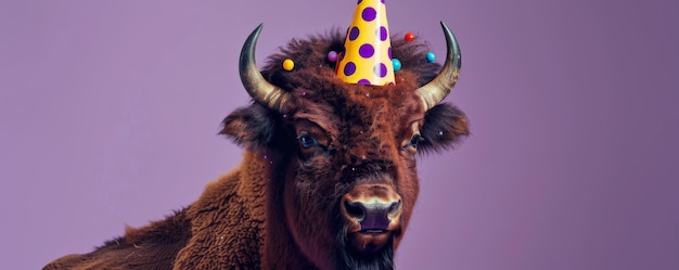 A cheerful bison in a polkadot birthday party hat isolated on a purple background looking strong