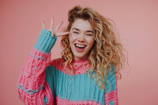 Photo cheerful blond girl winking and showing okay sign