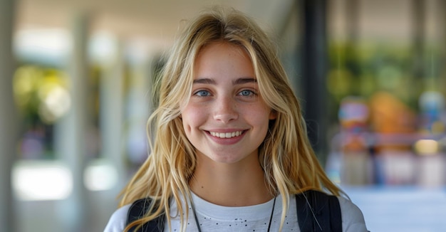 Cheerful blonde teenager smiling brightly in a school hallway