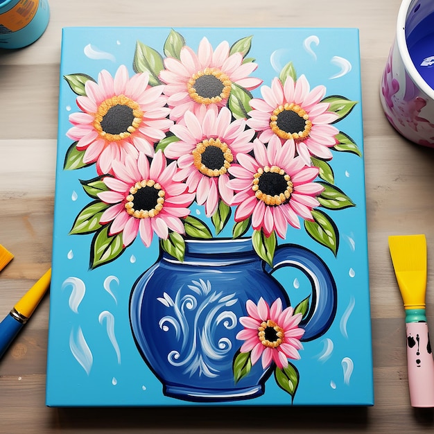 Cheerful Blooms Playful Sunflowers in a Blue Pitcher