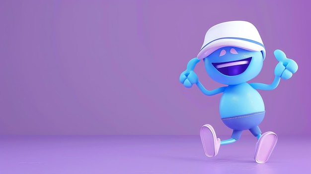 A cheerful blue cartoon character with a white cap gives two thumbs up