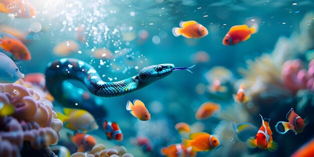 Photo a cheerful blue snake swims underwater with colorful fish exploring vibrant seas concept underwater adventures cheerful animals colorful marine life vibrant seas