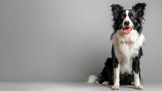 A cheerful Border Collie sitting on a solid grey background with space above for text