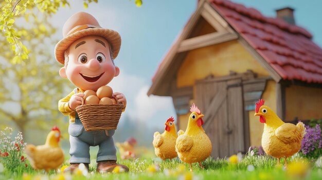 Photo a cheerful boy collecting eggs from the chickens on a sunny farm symbolizing farming nature and outdoor activities