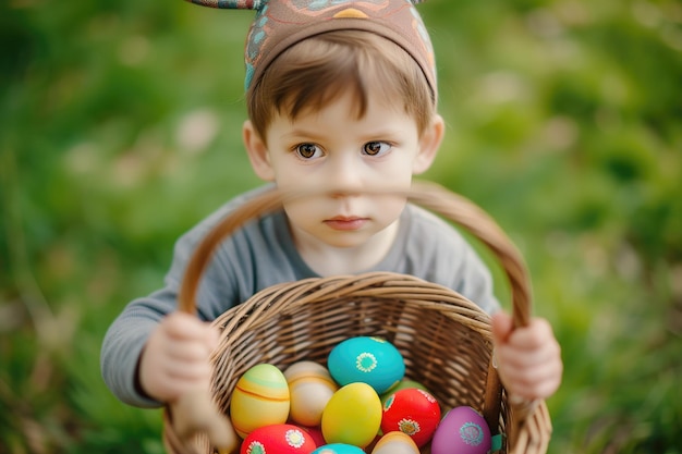 Cheerful boy enjoys Easter tradition hunting eggs with basket outdoors