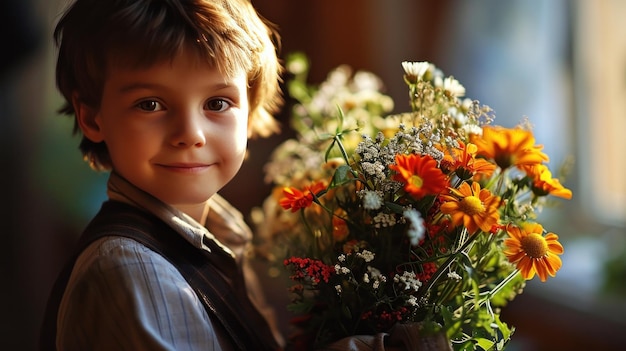 cheerful boy gives a bouquet of flowers to his teacher