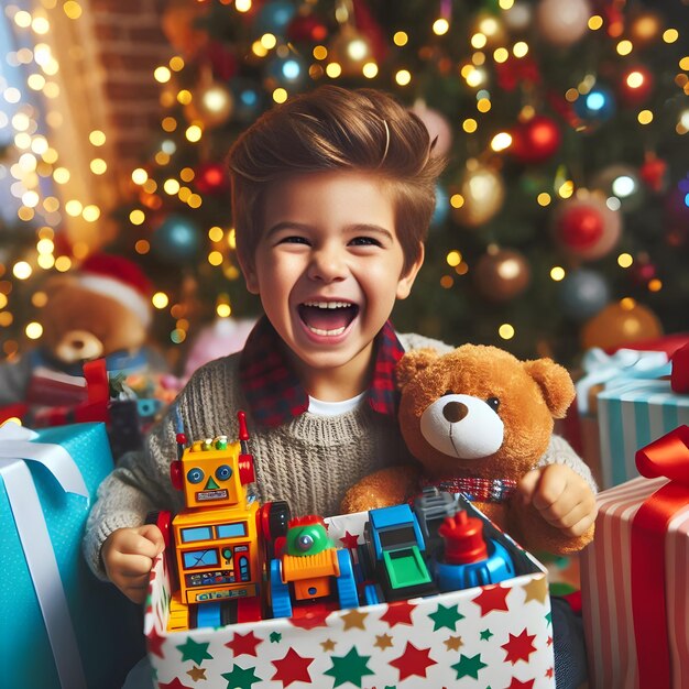 Photo cheerful boy is showing his new toys sitting on the floor with christmas presents and a decorated christmas tree in the background