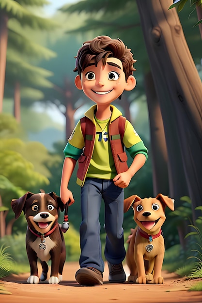 A cheerful boy walks through the forest holding his faithful dog