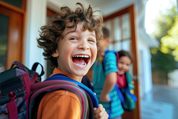 Photo cheerful boy with large orange backpack kids excitement as they pack their school bag for the first day of school