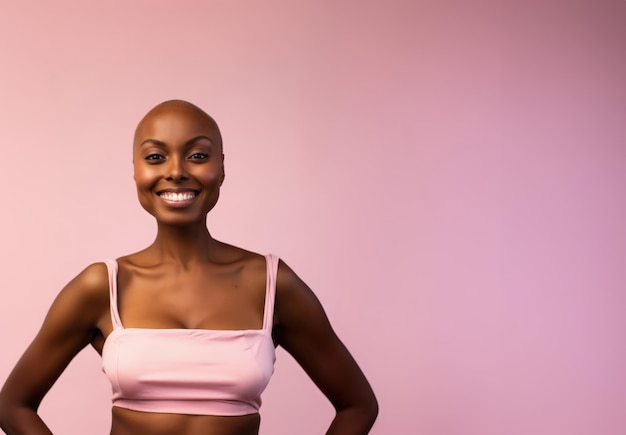 Cheerful Breast Cancer Survivor Woman On a Pink Background With Space For Copy Generative AI