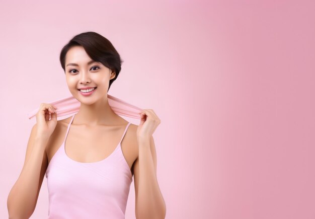 Cheerful Breast Cancer Survivor Woman On a Pink Background With Space For Copy Generative AI