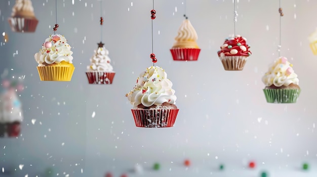 Photo cheerful and bright suspended cupcakes with festive toppings unique image for confe generative ai