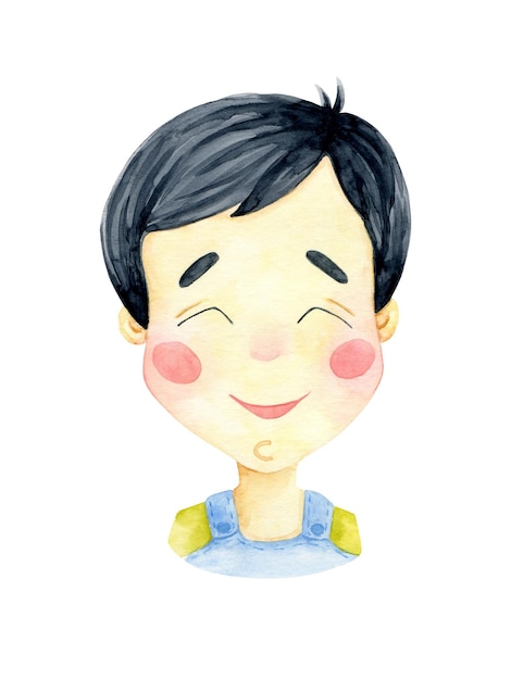 Cheerful brunett boy watercolor isolated illustration. Boy's face character design. Happy emotion