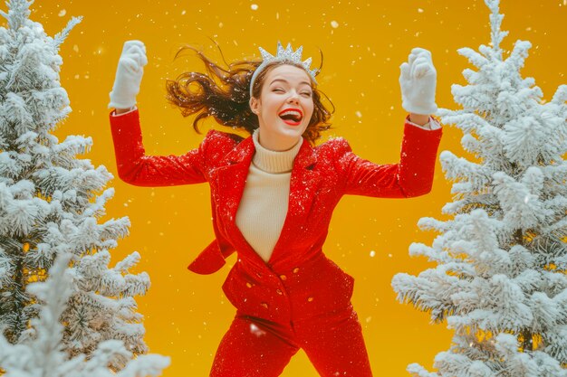 Photo cheerful brunette in festive attire rushing to christmas celebration with christmas trees on yellow background