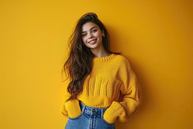 Photo cheerful brunette girl posing with hands in pockets