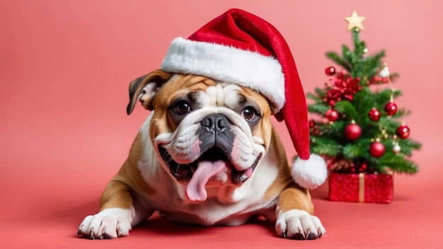 A cheerful bulldog wearing a Santa hat with a festive red background perfect for holiday themes