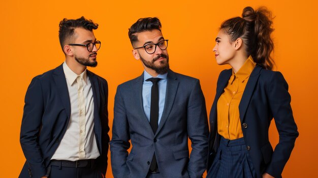 Cheerful business people standing by office window