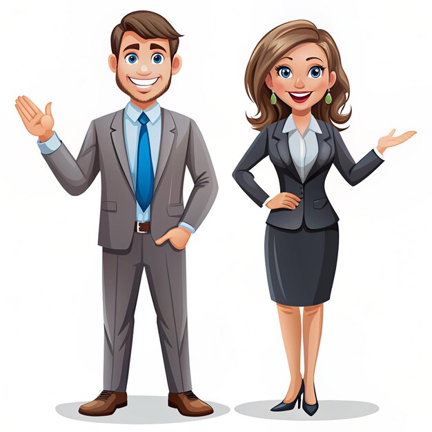 Cheerful businessman and businesswoman gesturing as if presenting a business product cartoon art illustration