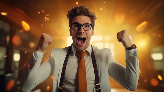 Cheerful businessman celebrating success in the office Success concept