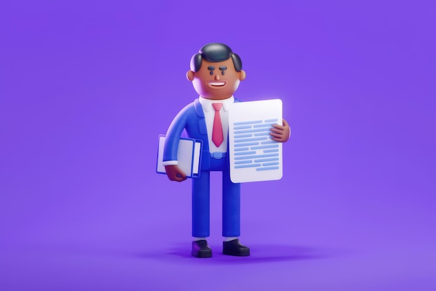 Cheerful Businessman Holding a Document Against a Purple Background