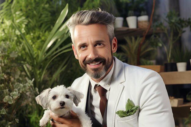 Cheerful businessman in a stylish jacket sharing a joyful moment with his adorable furry friend